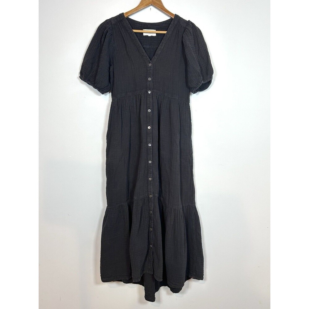 Xirena Black Cotton Gauze Button Front Midi Dress XS Puff Sleeve Tiered